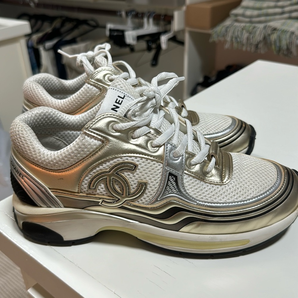 CHANEL White and Gold Sneakers